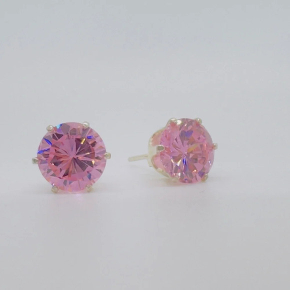 New Pink Round CZ Silver Stud Earrings - Picture 6 of 6